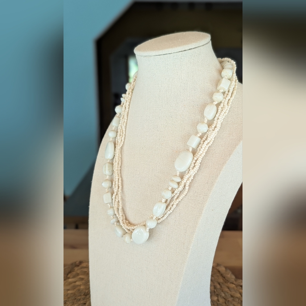 Vintage Multi-Strand White Milk Glass & Seed Bead Necklace, 18" Adjustable